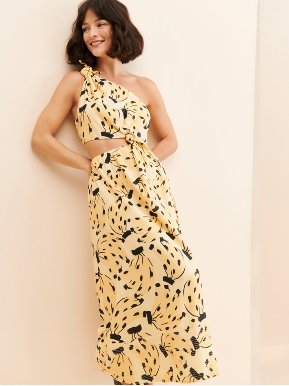 FARM Rio Bossa Banana Yellow One Shoulder Linen Cutout Tie Knot Midi Dress Sz L